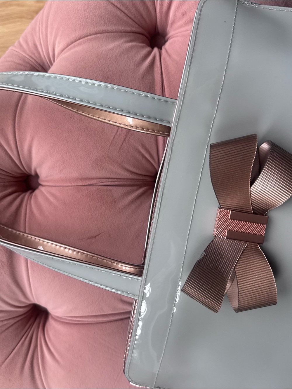 Ted Baker Grey Patent Tote with Rose Gold Bow Accent - Picture 13 of 13